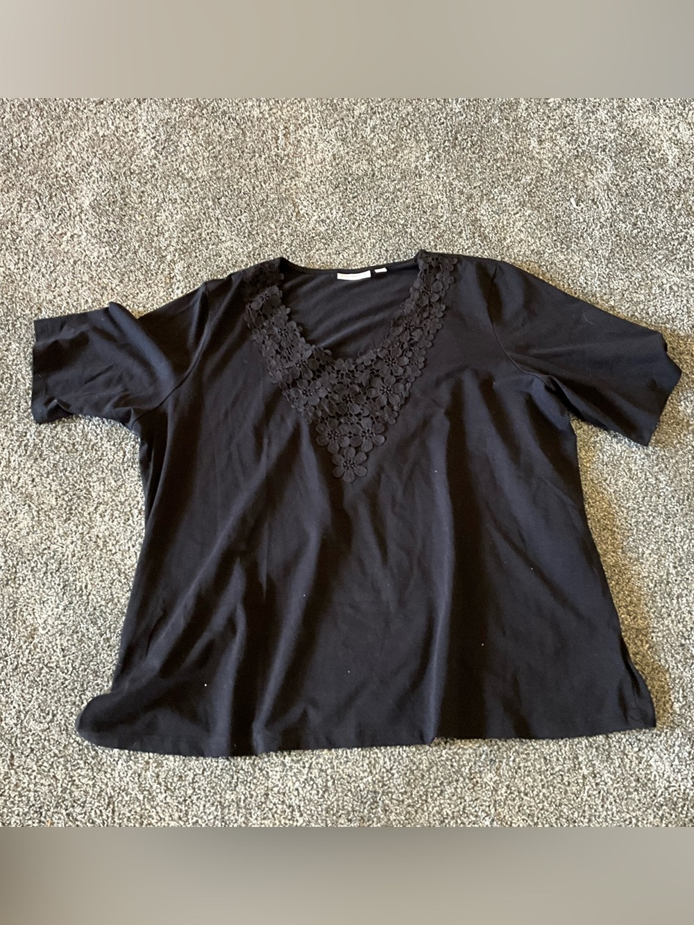 Women's Black V-Neck Short Sleeve Top with Floral Lace Trim